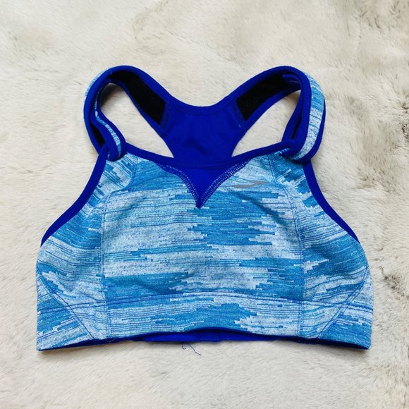 Brooks Rebound Racer Sports Bra Blue Space Dye Aztec Pattern Workout Gym 32B - Picture 2 of 10
